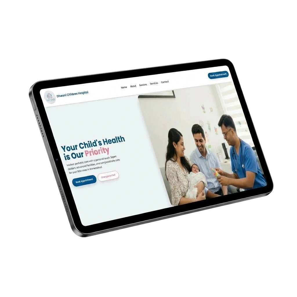 Dhwani Hospital patient portal on iPad mockup