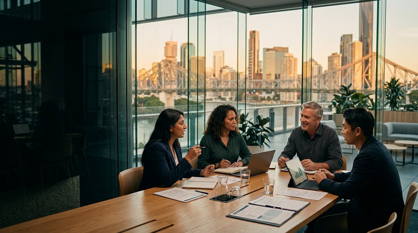 Conceptual editorial scene of business and technology leaders collaborating in a Brisbane office